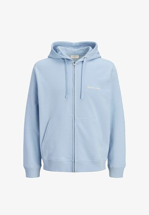 Felpa con cappuccio azzurro chiaro con zip, tasca frontale, cappuccio con coulisse regolabile e piccolo testo ricamato sul petto sinistro.