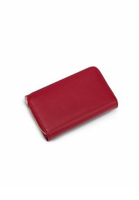Red leather wallet with a smooth texture, rectangular shape, zip closure along one side, and stitched edges for durability.