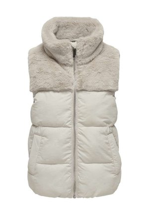 Gilet imbottito senza maniche con collo alto in ecopelliccia, zip frontale e tasche laterali in colore beige chiaro.