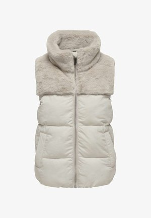 Gilet imbottito senza maniche con collo alto in ecopelliccia, zip frontale e tasche laterali in colore beige chiaro.