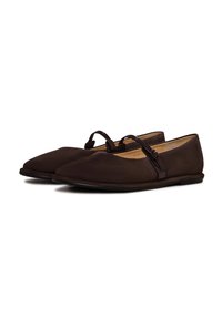 Scarpe basse marroni con un design a punta, realizzate in materiale morbido. Presentano una doppia cinghia con una fibbia decorativa e una suola piatta.