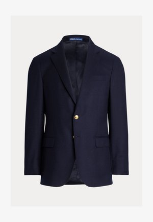 Marineblauer Wollblazer mit zwei goldenen Knöpfen, einer Brusttasche, Notch-Revers und blauer Satinfütterung, mit taillierter Passform und strukturierten Schultern.