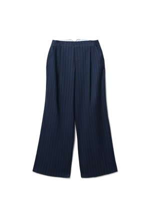 Pantaloni a gamba larga blu navy realizzati in tessuto leggero, con strisce verticali bianche, pieghe e una chiusura con zip sul retro.