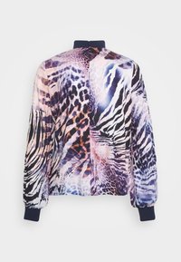 Lightweight, multi-patterned bomber jacket featuring animal prints in purples, blues, and neutrals. Ribbed cuffs and a high neck design.