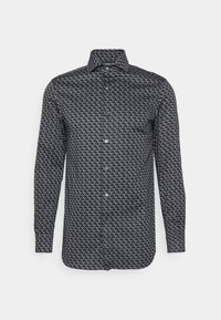 Košile s dlouhými rukávy v tmavě námořnické barvě s opakujícím se geometrickým vzorem ve světlých odstínech. Obsahuje límeček s knoflíčky a přední uzávěr na knoflíky.