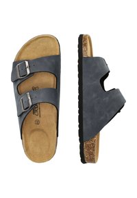 Ergonomiska halksandaler med ovandel i mörkgrått konstläder, korkfotbädd, två justerbara metallspännen och texturerad svart gummisula.