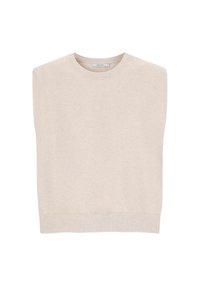 Pull sans manches beige clair fabriqué en tissu doux, avec un col rond et des bords côtes, offrant une coupe décontractée et sans motifs visibles.