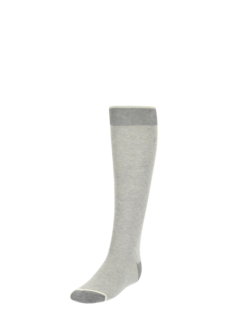 Pelēki ceļgala augsti zeķes ar vienkrāsainu dizainu, ribota tekstūra pie apakšmalas un kontrastējoši pelēki purngali un papēži.