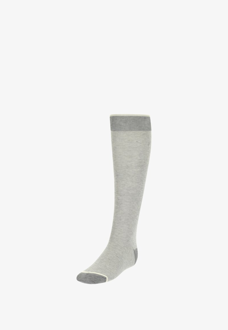 Pelēki ceļgala augsti zeķes ar vienkrāsainu dizainu, ribota tekstūra pie apakšmalas un kontrastējoši pelēki purngali un papēži.