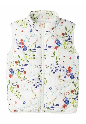Veste matelassée blanche sans manches avec imprimé floral coloré, col montant et fermeture éclair devant.
