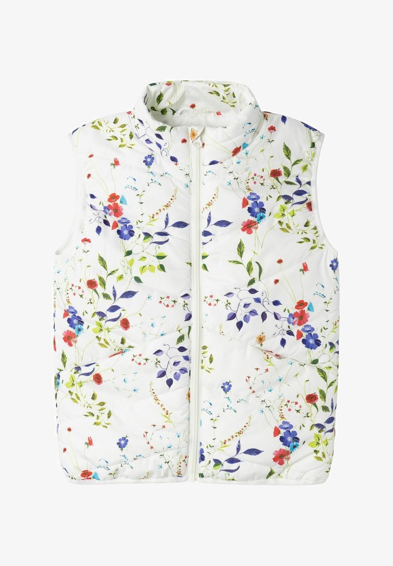 Veste matelassée blanche sans manches avec imprimé floral coloré, col montant et fermeture éclair devant.