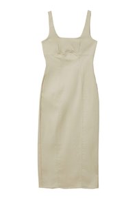 Beiges, tailliertes Kleid mit quadratischem Ausschnitt, dünnen Trägern und vertikalen Nähten; knielang mit glatter Textur und minimalen Details.