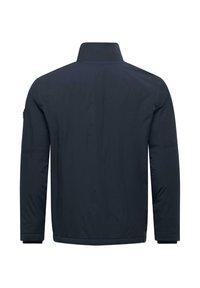 Jūrų laivyno mėlynos spalvos švarkas su aukštu apykakle ir ilgomis rankovėmis. Pagamintas iš lygios medžiagos, be matomų raštų ar metalo detalių.