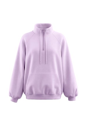 Lavendelfarbener Pullover mit halbem Reißverschluss am Kragen, vorderer Kängurutasche, langen Ballonärmeln und gerippten Bündchen und Saum.