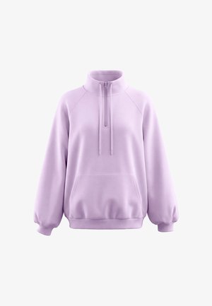 Lavendelkleurige pullover met halve rits bij de kraag, voorvak, lange ballonmouwen en geribde boorden en zoom.