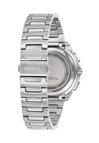 Montre en acier inoxydable avec une finition lisse et polie, dotée d'un bracelet à maillons et d'un boîtier circulaire. Nom de la marque gravé au dos.