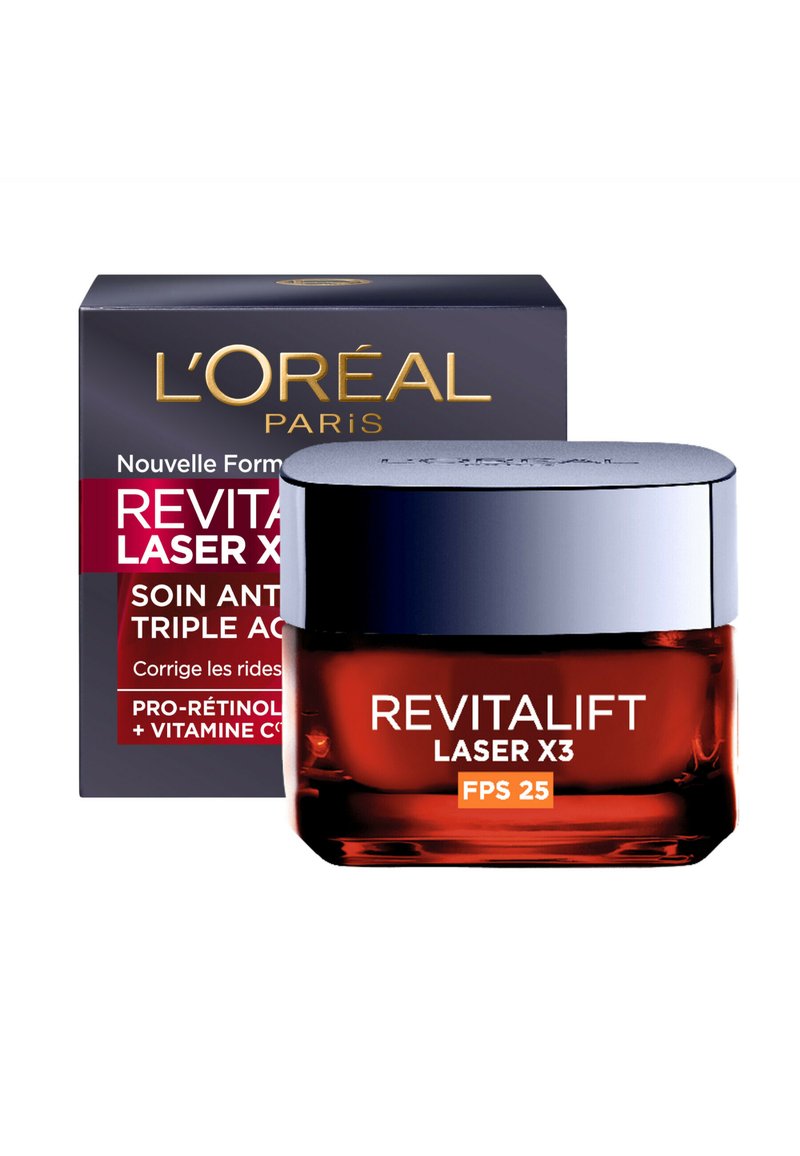 Crème Revitalift Laser X3 dans un pot transparent orange avec un couvercle métallique argenté, emballée dans une boîte noire et rouge avec un texte blanc.