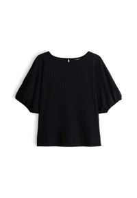 Black short-sleeve blouse with a round neckline and subtle vertical ribbing, featuring slightly puffed sleeves and a back button closure.