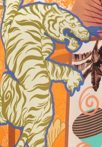 Illustration eines weißen Tigers in Gelb- und Grüntönen, umrandet in Blau, auf einem strukturierten orangen Hintergrund mit abstrakten Mustern und Blättern.