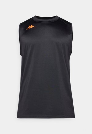 Tricou athletic fără mâneci, de culoare neagră, fabricat dintr-un material neted, cu un guler rotund și un logo portocaliu în partea stângă sus.