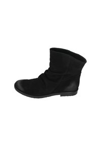 Schwarze Wildleder-Ankle Boots mit einem lässigen Design, runder Zehenpartie, flacher Gummisohle und glatten Akzenten entlang der Ferse. Die Schäfte sind leicht gerafft.