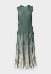 Sleeveless dress in dark green with vertical stripes, gradually transitioning to lighter shades. Soft texture, flowing A-line silhouette.