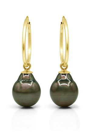 Boucles d'oreilles en or avec des perles rondes de couleur gris foncé. Les perles ont une surface lisse et réfléchissante et sont fixées par un petit accent en or.