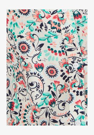 Leichter Stoff mit floralem Muster in Koralle, Marineblau, Türkis und Grün. Verfügt über einen Knopfverschluss und eine weiche Textur, ideal für warmes Wetter.