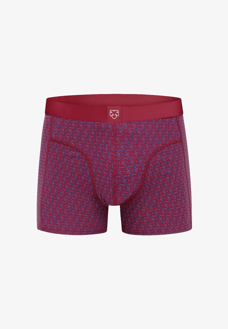 Men’s red boxer briefs with a blue geometric pattern and a solid red waistband featuring a white lion face logo in the center.