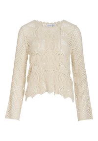 Top corto color crema in pizzo, con maniche lunghe, motivi intricati, scollatura a ondina e bordo inferiore arricciato.