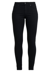 Jean skinny en denim noir, avec cinq poches, une fermeture à bouton sur le devant, et un tissu lisse et extensible pour un ajustement serré.