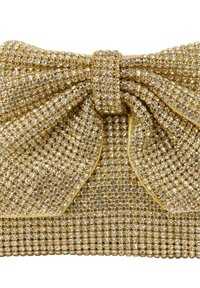 Gouden clutch tas versierd met talloze kleine, duidelijke rhinestones. Heeft een grote strikaccent aan de bovenkant en een gestructureerd oppervlak.