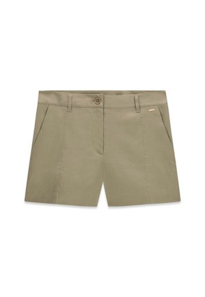 Khaki groene damesshorts met riemlussen, knoop aan de voorkant, ritssluiting en zijzakken, weergegeven op een witte achtergrond.
