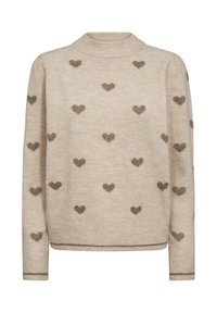 Stickad tröja i beige med rund hals, prydd med spridda bruna hjärtmönster och med ribbat nederkant och ärmslut för textur.