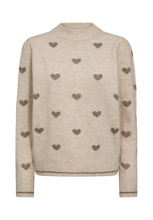 Gebreide trui in beige met een ronde hals, featuring verspreide bruine hartpatronen en een ribgebreide onderrand en manchetten voor textuur.