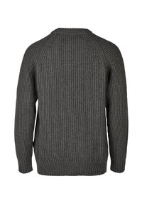 Grauer gestrickter Pullover mit einem strukturierten Rippenmuster. Hat einen runden Ausschnitt und lange Ärmel, mit einer lockeren Passform und einfarbigem Design.
