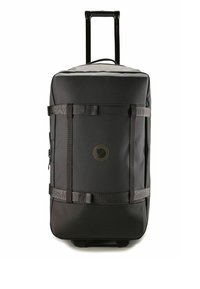 Zaino da viaggio nero con un design in tessuto resistente, dotato di spallacci regolabili, una tasca con zip e un logo circolare.