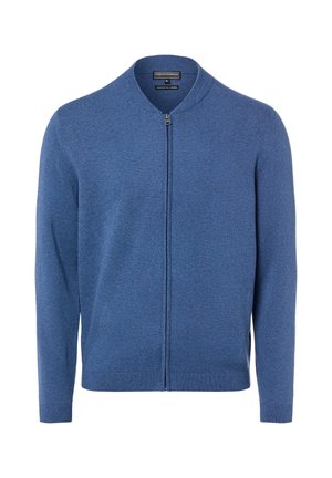 Blauwe cardigan met lange mouwen en rits, met geribde kraag, manchetten en zoom, gemaakt van een mix van katoen en kasjmier, vooraan met ritssluiting.