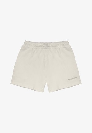 Lys grå bomullsshorts med ribbestruktur, elastisk midjebånd og en liten "PEGADOR"-logo på nederste høyre side.