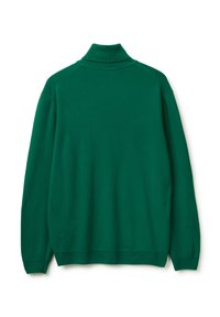 Zielony sweter dzianinowy z wysokim kołnierzem, długimi rękawami oraz ribbrowymi mankietami i dołem. Gładka faktura, prosty design i brak widocznych wzorów.