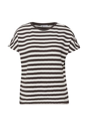 Černobílé pruhované pletené tričko s krátkými rukávy, kulatým výstřihem a vroubkovanými okraji na pruzích.