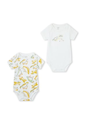 Dos bodies blancos para bebés, uno con patrones de dinosaurios amarillos y verdes, el otro con pequeñas ilustraciones de dinosaurios y el texto "Ven y únete a nosotros."