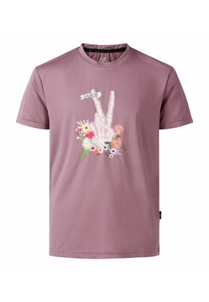 Pudrowo różowy t-shirt z krótkim rękawem z grafiką szkieletowej ręki robiącej znak pokoju, otoczonej kolorowymi kwiatami i banerem "DARE2B".