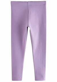 Lila leggings med en mjuk textur, elastiskt midjeband och en åtsittande design. De har inga synliga mönster eller hårddetaljer.