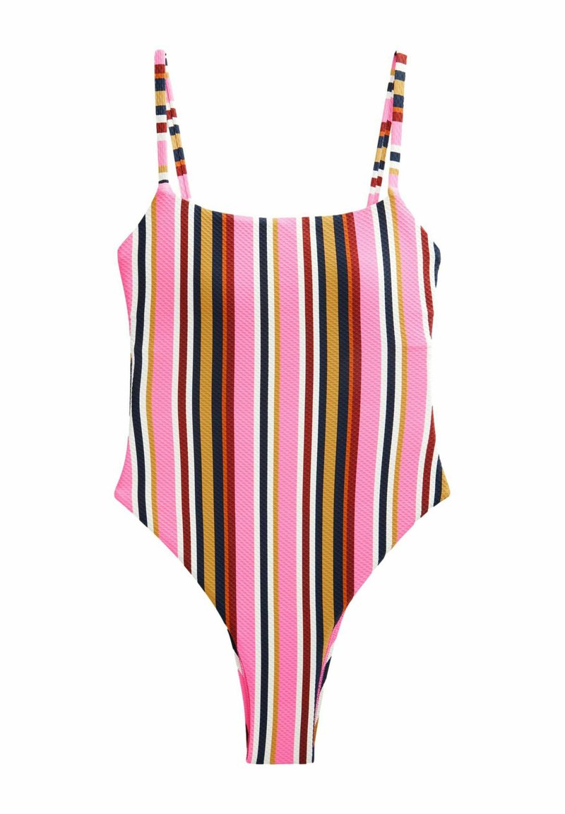 Maillot de bain une pièce avec des bretelles fines, arborant un motif rayé multicolore en rose, marron et bleu marine. Tissu texturé avec des jambes hautes.