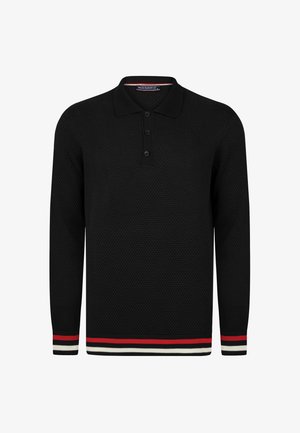 Zwarte longsleeve polo shirt in een gestructureerde brei, met een drieknoopsluiting en geribbelde mouwen met rode en witte strepen op de zoom.