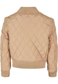 Quiltad beige jacka i bomberstil, med ribbad krage och ärmar, som har en slät yta och ett diamantmönster på ytan.