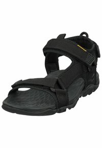 Black outdoor sandal with adjustable fabric straps, textured rubber sole, and minimalistic design. Features a secure buckle and grip accents.
