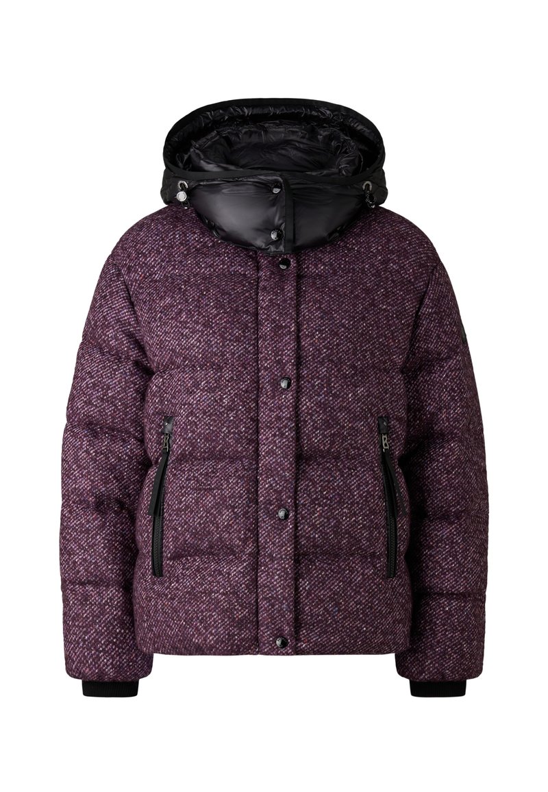 Paarse en zwarte gewatteerde winterjas met textuurstof, voorkant met rits en drukknoopjes, met ritszakken en een hoge kraag met capuchon.