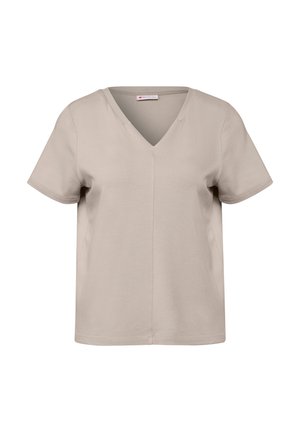 T-shirt beige à manches courtes en V, fabriqué en coton doux, avec une coupe décontractée et un design simple sans embellissements.